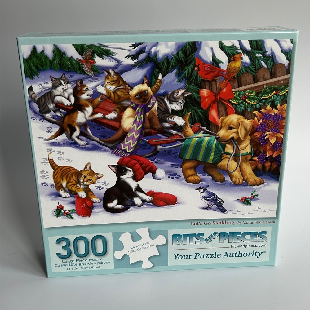 “Let’s Go Sledding” Dogs and Cats Christmas Winter 300pc Puzzle, Bits & Pieces - Picture 2 of 8